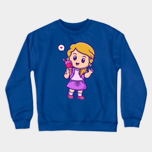 Cute Girl Holding Ice Cream Cartoon Crewneck Sweatshirt by Catalyst Labs